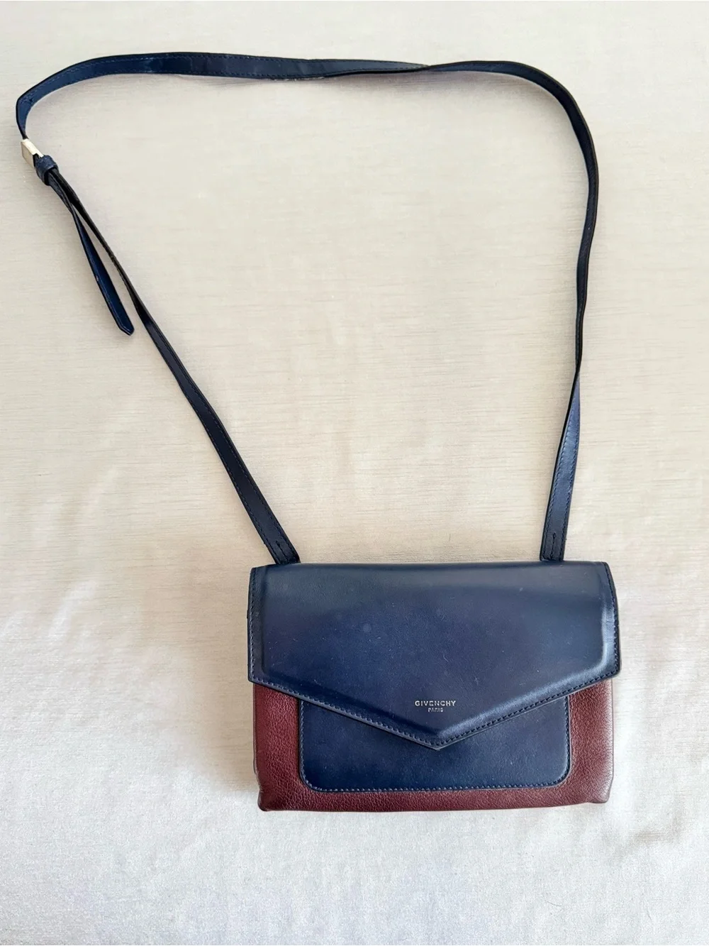 Givenchy Calfskin Duetto Navy and Burgundy Leather Crossbody Purse